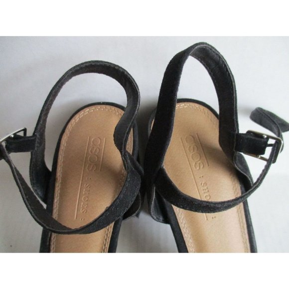 *ASOS Black Suede Sandal Ankle Strap Block 4" Heel Chunky Silver Chain Accent - Picture 5 of 8